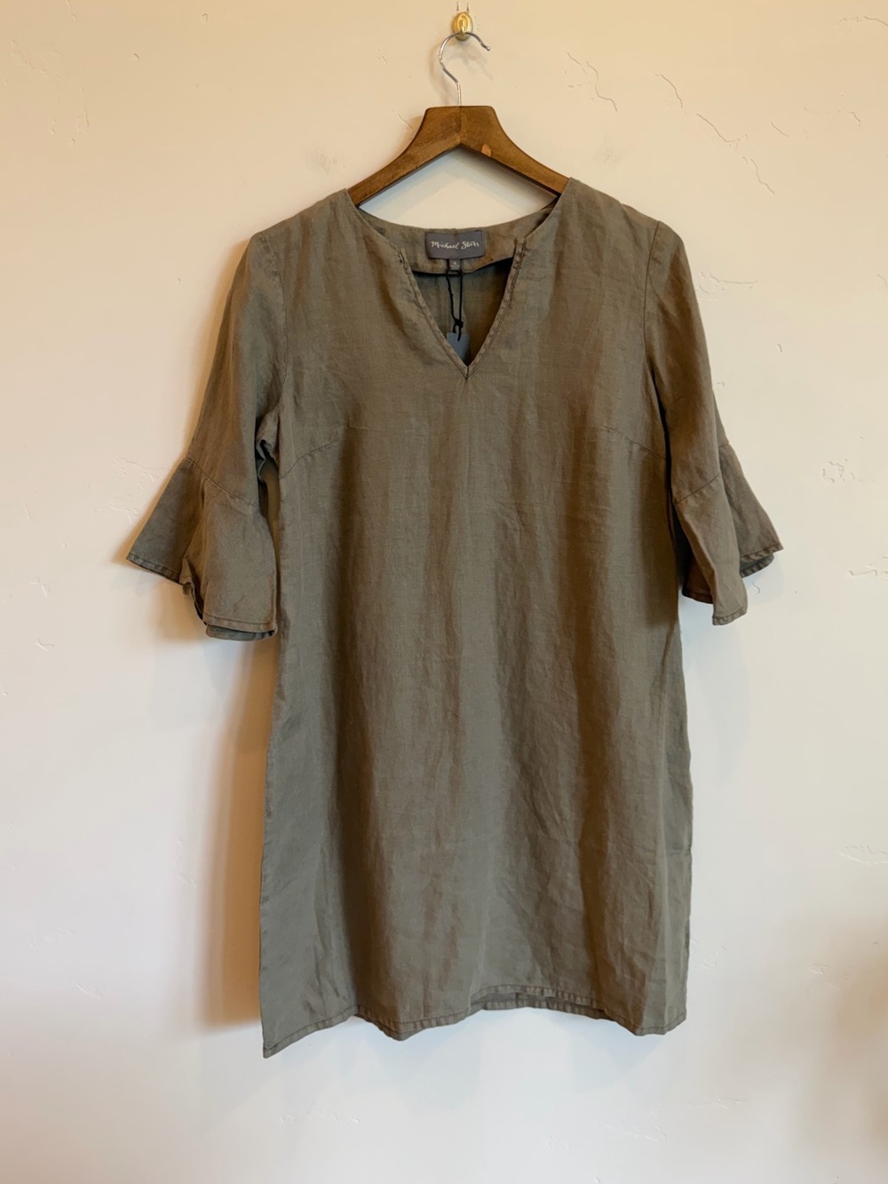 MICHAEL STARS Olive Green 100% Linen Tunic Dress